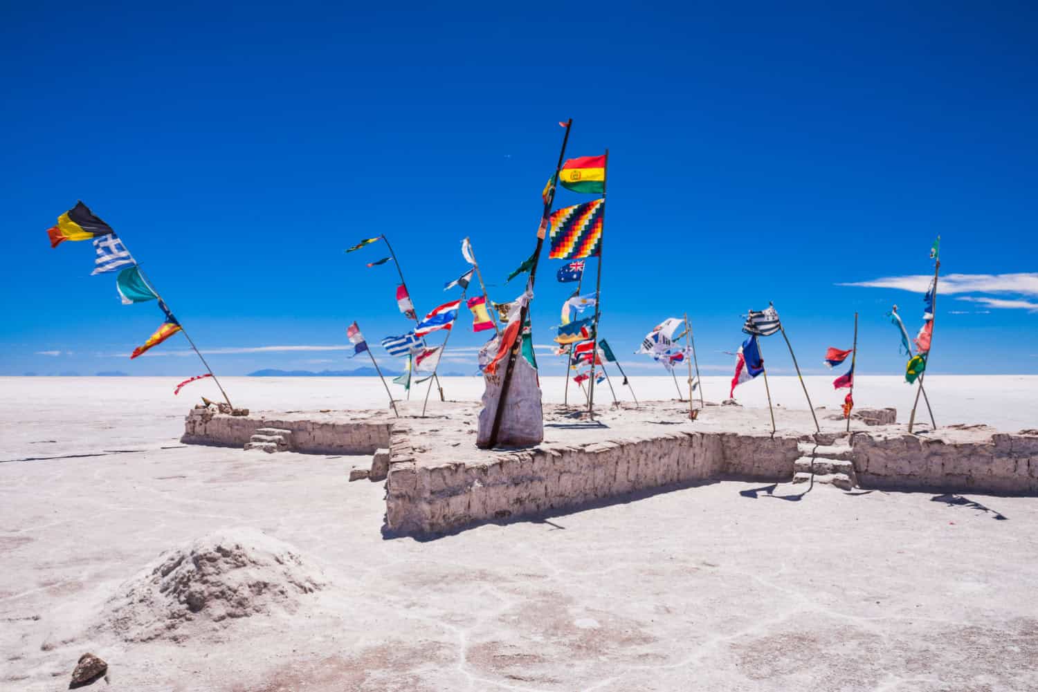 International flags at the Uyuni Salt Flats Hotel, Uyuni, Bolivia, South America